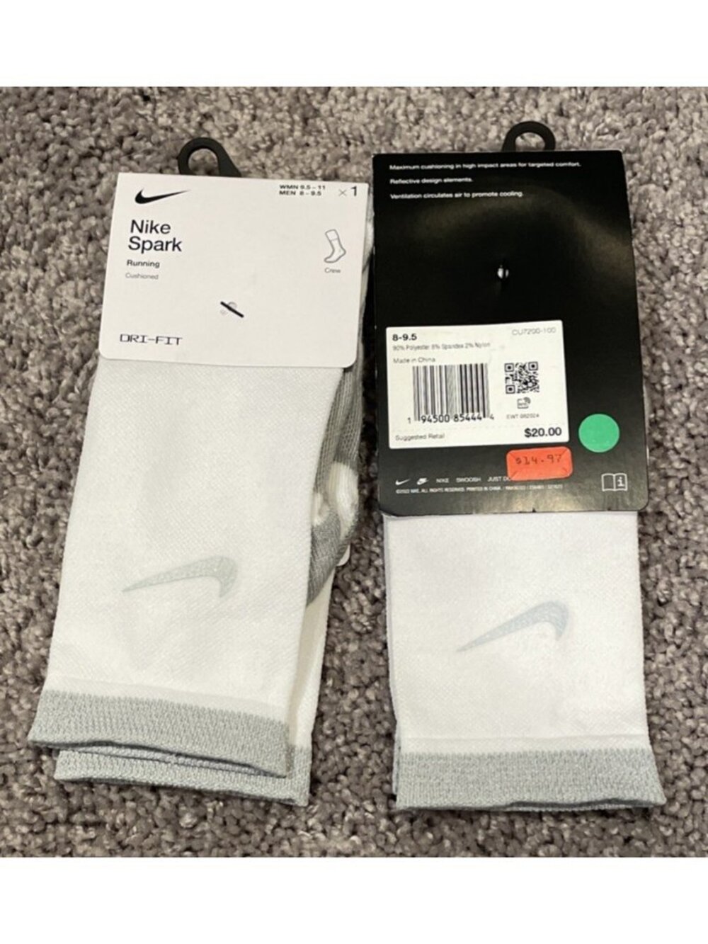 2 Nike Spark Running Cushioned Crew Socks White Men 8-9.5 W 9.5-11 CU7200-100